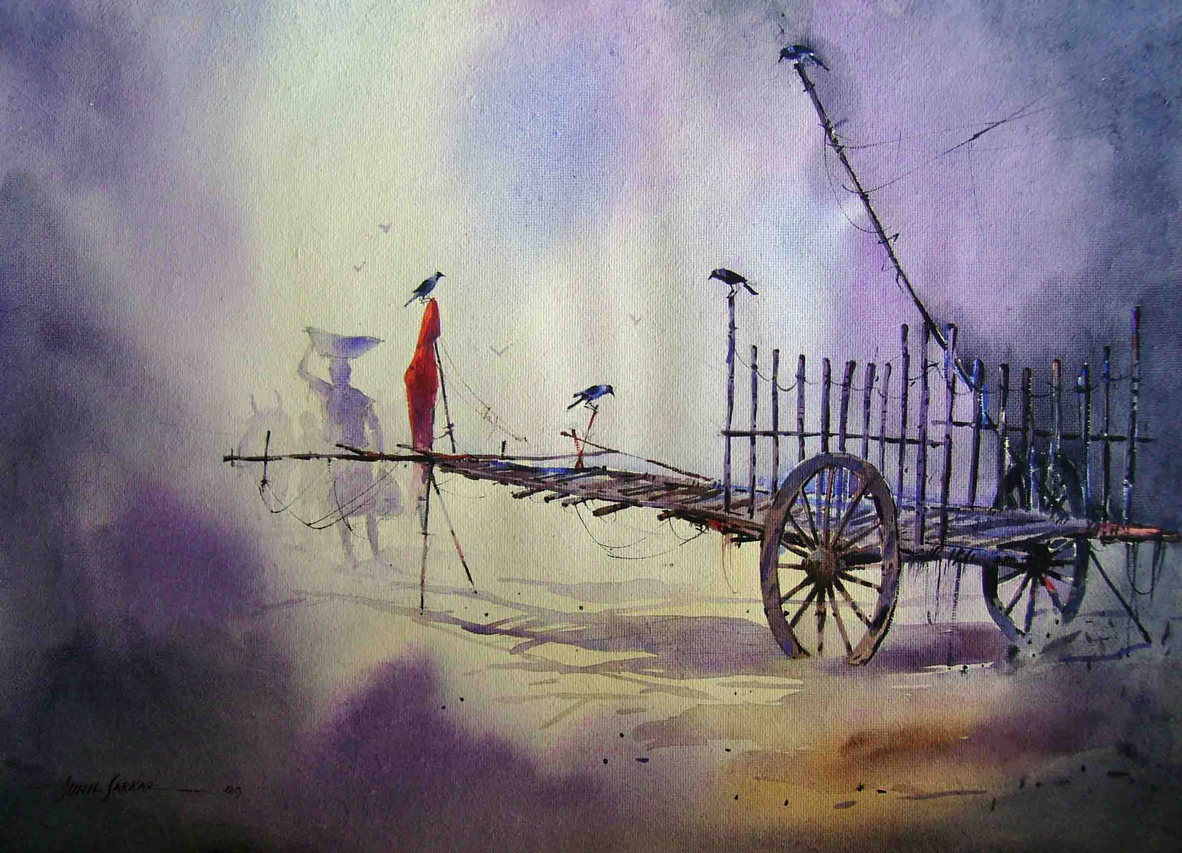 Stunning watercolor painting - traditional cart, beautifully rendered with washes & rich textures, capturing rustic charm
