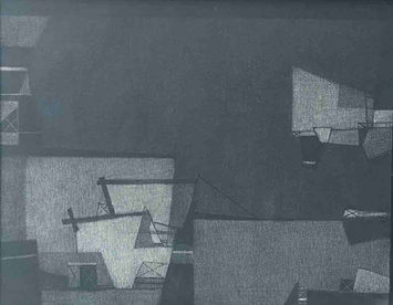 Monochromatic abstract painting featuring architectural and geometric planes in varied shades of dark grey, charcoal, and pale silver-grey with structural cross-hatching and line details.