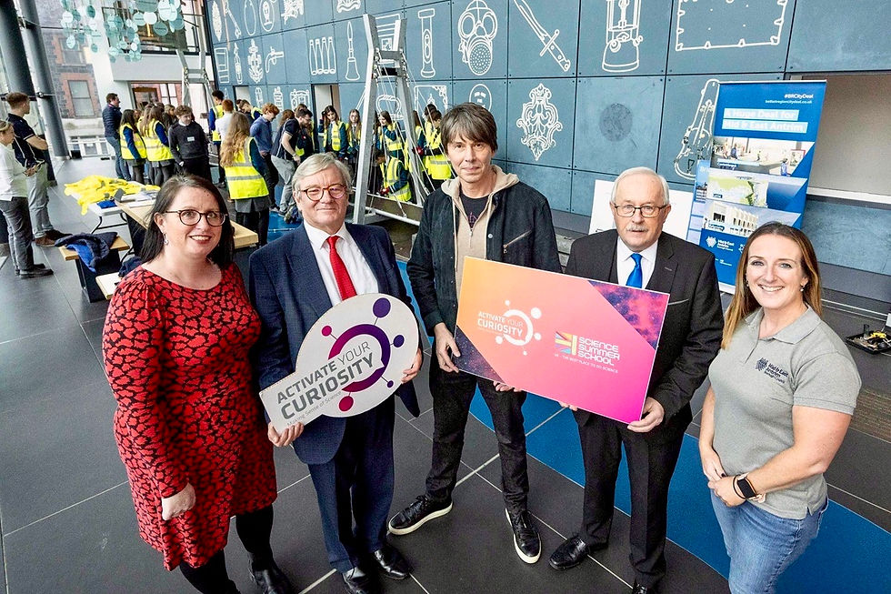 Rhonda Lynn (MEABC Skills & Entrepreneurship Manager); Lord Andrew Mawson OBE; Professor Brian Cox CBE FRS; Alderman Thomas Gordon and Christine Barnhill (MEABC Economic Development Officer).
