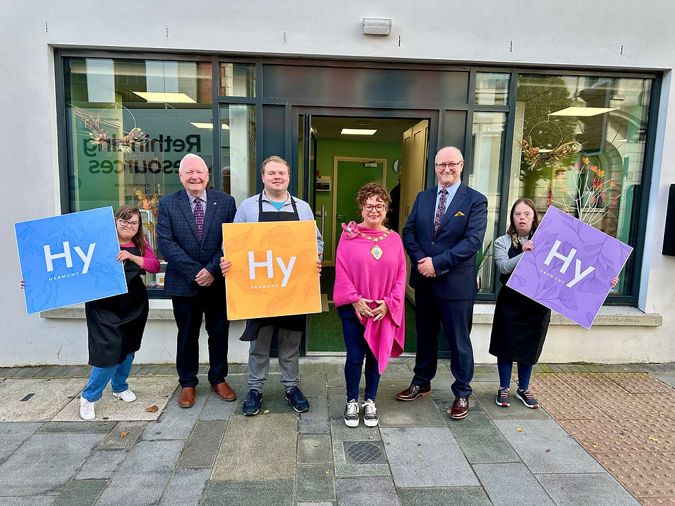 at the launch of the Harmony Studio, from left are Claire Warnock, James Perry MBE, Jordan Gibson, Mayor Alderman Gerardine Mulvenna, Norman Sterritt and Niamh McCann