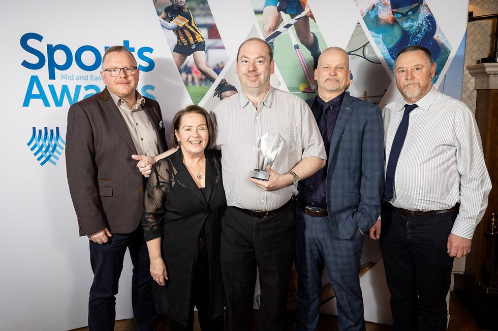 Community Participation winner is Belfast Lough Sailability (Sailing). Pictured are members Marian, Thomas, Drew and David with Brian McRandal from The Curran Court Hotel.
