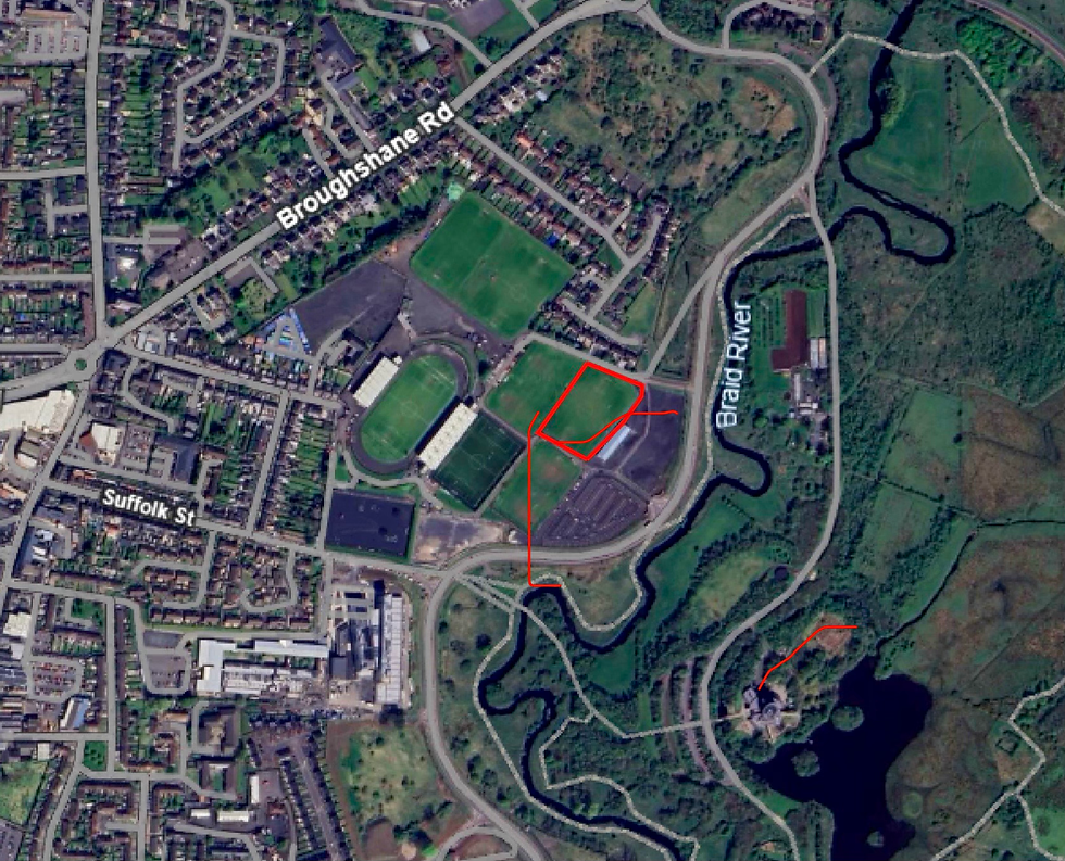 Site location plan showing proposed location of new 3G pitch and spectator stand within Ballymena Showgrounds