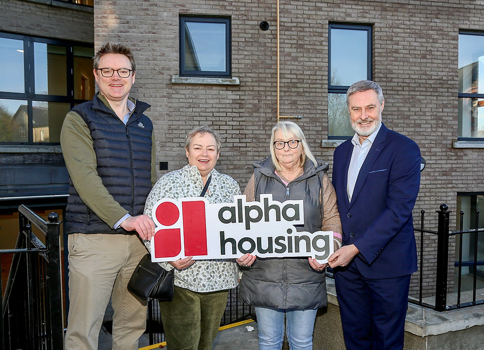 Alpha Housing Chief Executive Cameron Watt (L) and North Antrim MLA Paul Frew pictured with tenants Janet and Doreen at the official opening of the housing association’s new scheme in Cullybackey.