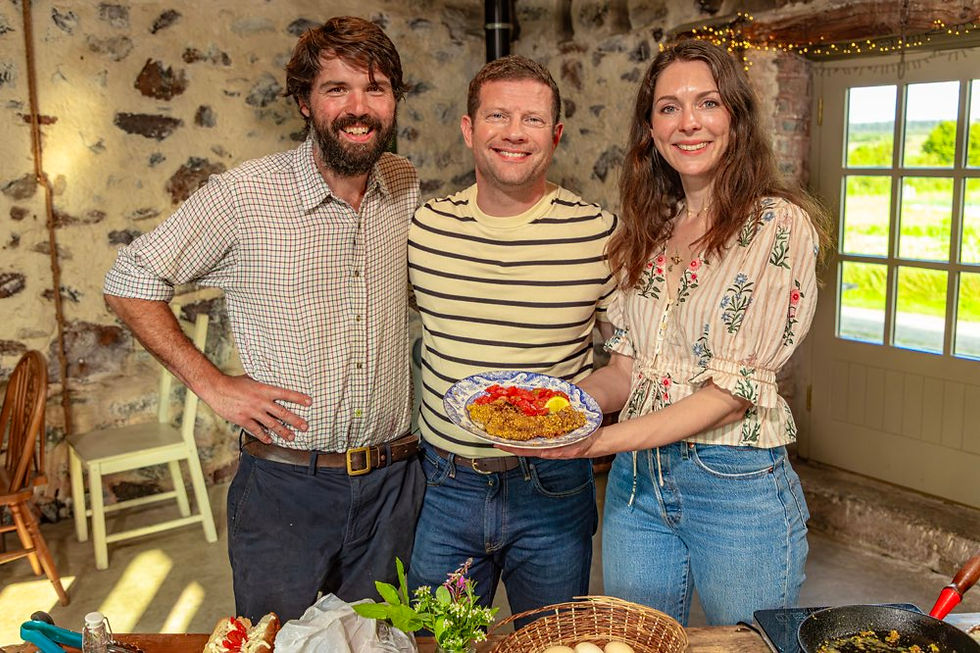 TV and radio presenter Dermot O’Leary filming with owners Charlie and Becky Cole at Broughgammon Farm in Ballycastle for the second series of ‘Dermot’s Taste of Ireland’.