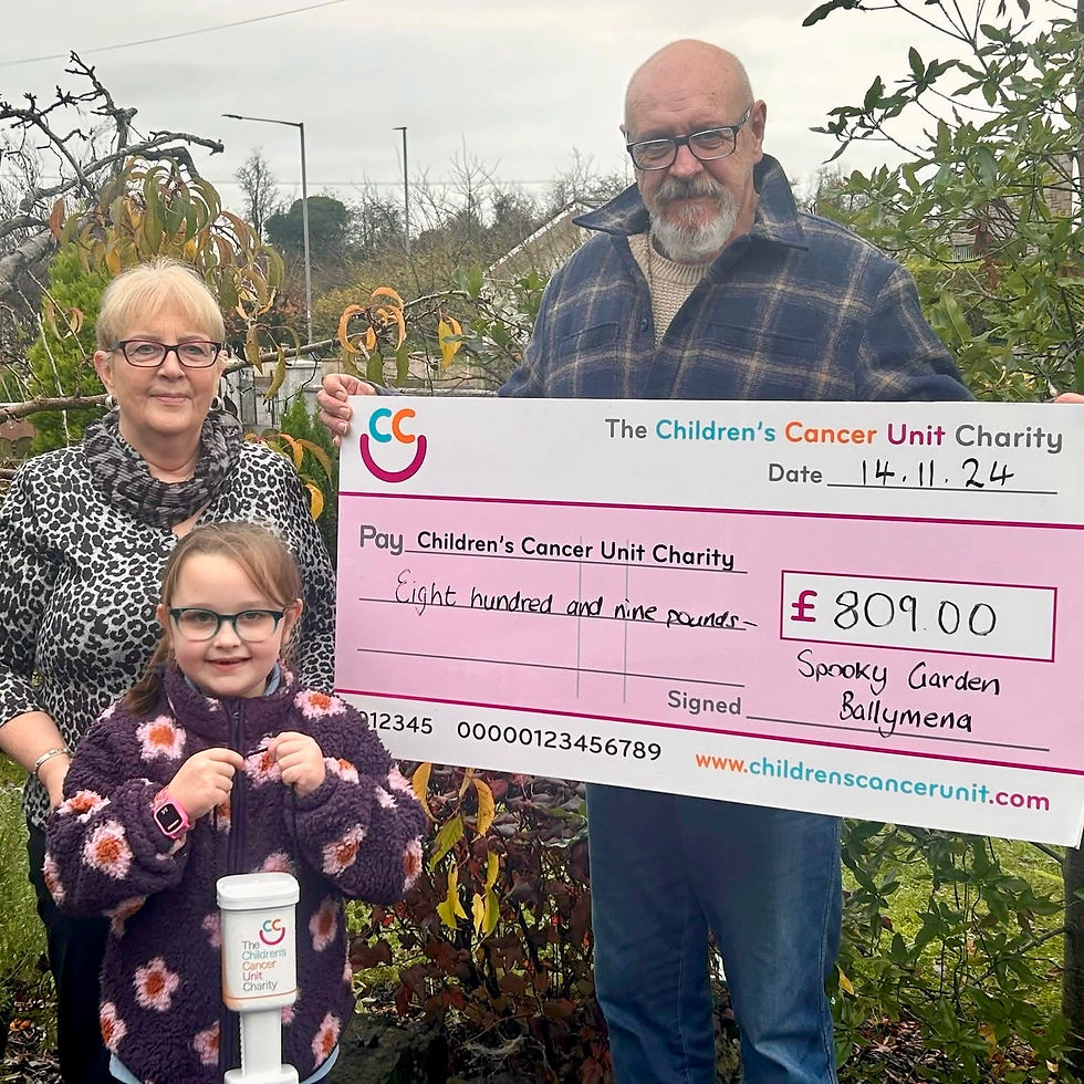 Kevin and Heather Irwin, along with granddaughter Cara managed to raise a fantastic £809 for the charity in 2024 with community support for The Spooky Gardens Ballymena