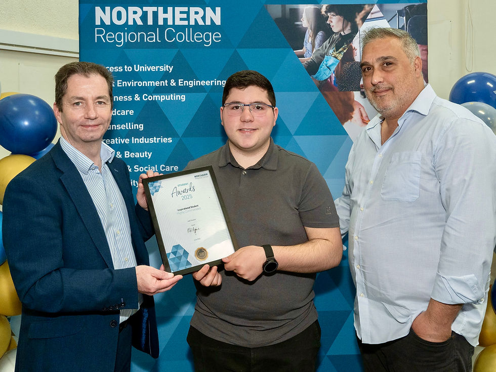 João Ferreira, highly commended in the Inspirational Student category, pictured with his father and Mel Higgins, Principal & Chief Executive of Northern Regional College.