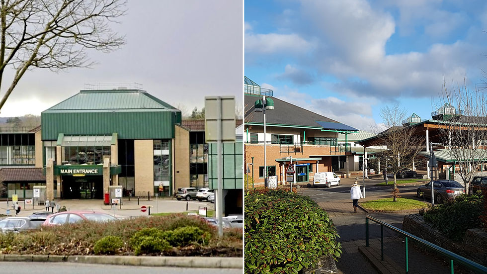 Front entrances to Causeway Hospital in Coleraine, and Antrim Area Hospital