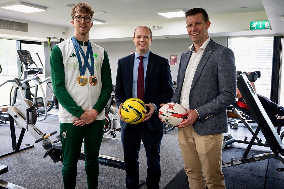 Communities Minister Gordon Lyons pictured with Olympic Champion Daniel Wiffen and Richard Archibald, Interim CEO of Sport NI at the launch of the Olympic Legacy Fund.