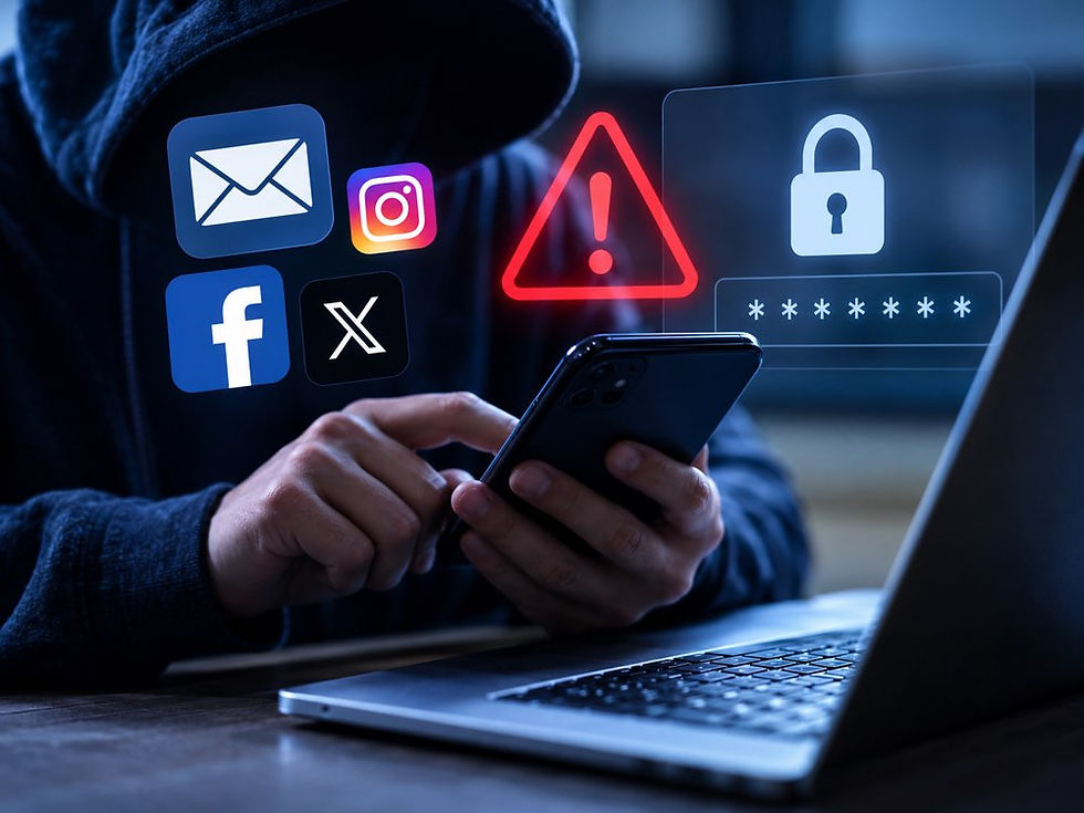 Dark hacker figure using phone and computer with social media icons floating around