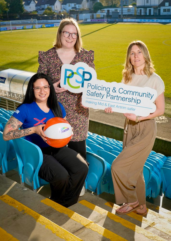 at the first SNUS Awareness training event at Ballymena Showgrounds are Chair of Mid and East Antrim Policing and Community Safety Partnership (MEA PCSP), Councillor Lauren Gray, alongside Elena Brewer, MPH Training Services Officer at ASCERT, and Chantal Ford, Irish Football Association Safeguarding and Welfare Manager.