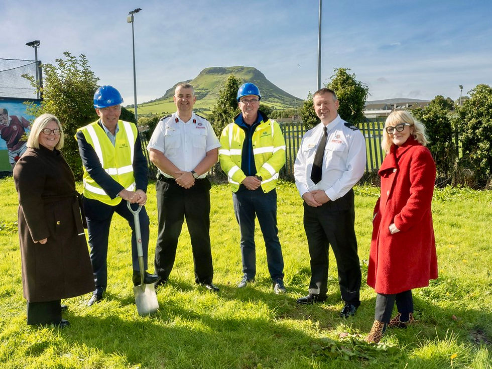 Northern Ireland Fire & Rescue Service (NIFRS) marked the beginning of construction on a new Fire Station in Cushendall with an official sod-cutting ceremony. Pictured L-R: Sorcha Denvir, Department of Health; Jay Colville, NIFRS Board Chairperson; Aidan Jennings, NIFRS Chief Fire & Rescue Officer; Seamus Woulahan, Seaview Developments; Ryan Thompson, NIFRS Northern Area Commander; and Joanne Ramsay, NIFRS Assistant Director for Infrastructure.