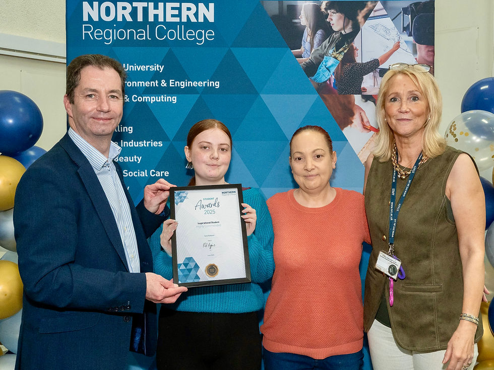 Tiana McMaster, highly commended in the Inspirational Student category, pictured with her lecturer Sandra Hamilton and Mel Higgins, Principal & Chief Executive of Northern Regional College.