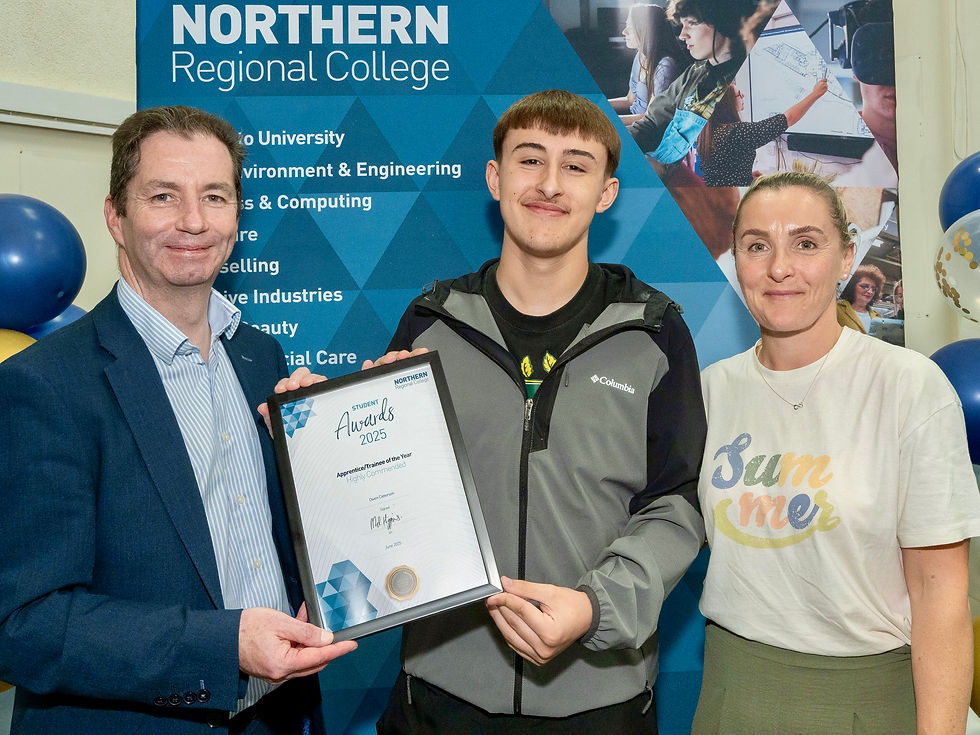 Owen Catterson, highly commended in the Apprentice/Trainee of the Year category, pictured with his mother Stacey Catterson and Mel Higgins, Principal & Chief Executive of Northern Regional College.
