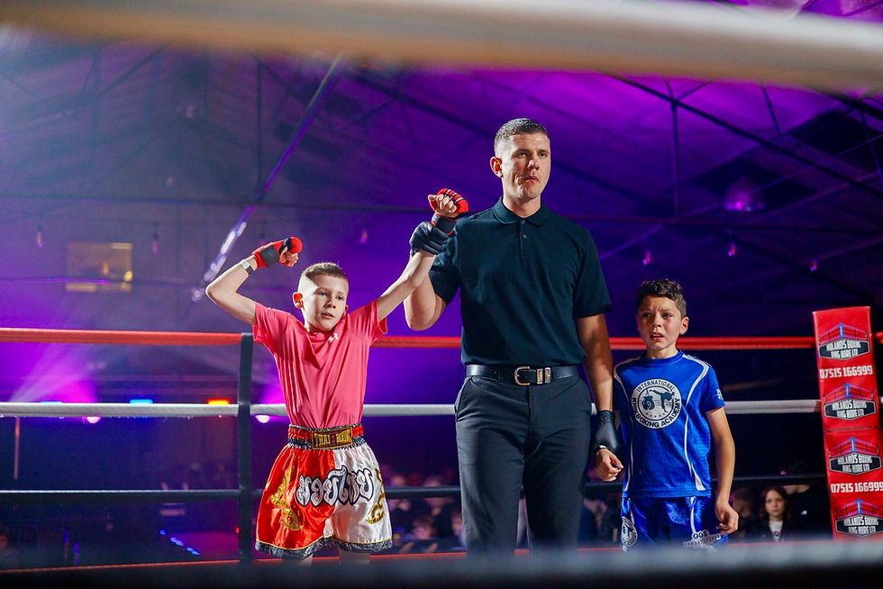 Ballymena’s Kain Stewart celebrating victory in the ring
