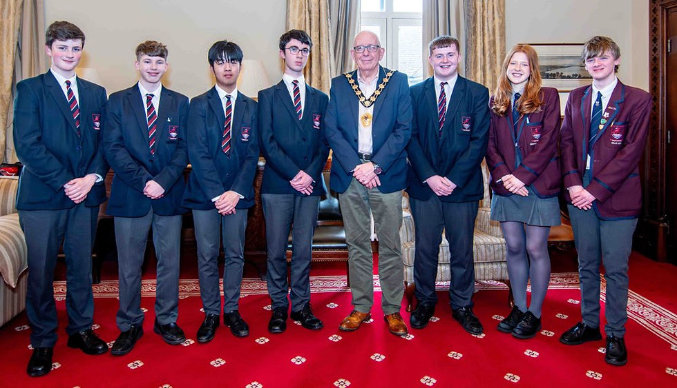 Pictured with the Mayor of Mid and East Antrim, Councillor Jackson Minford is James, Gabriel, Tyler, Adam and Jonny, the winning team from Larne Grammar School, along with their two mentors who impressed judges with their pitch 'Better Space' at the MEA Student Pitch challenge. 