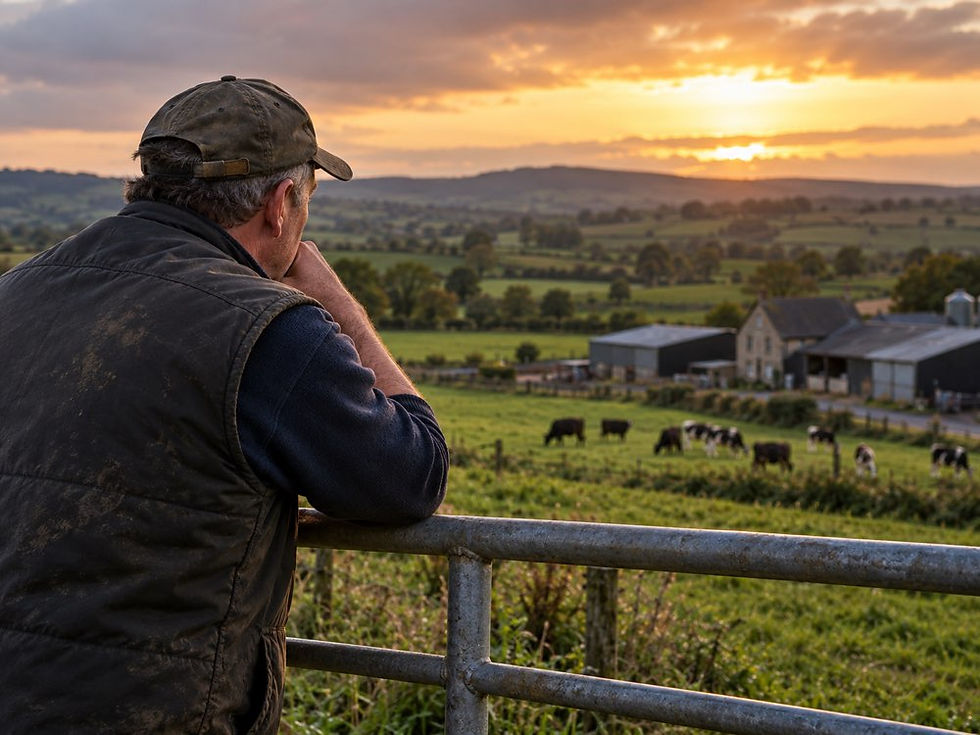 Farmer leaning over gate watching over farm fields with cows