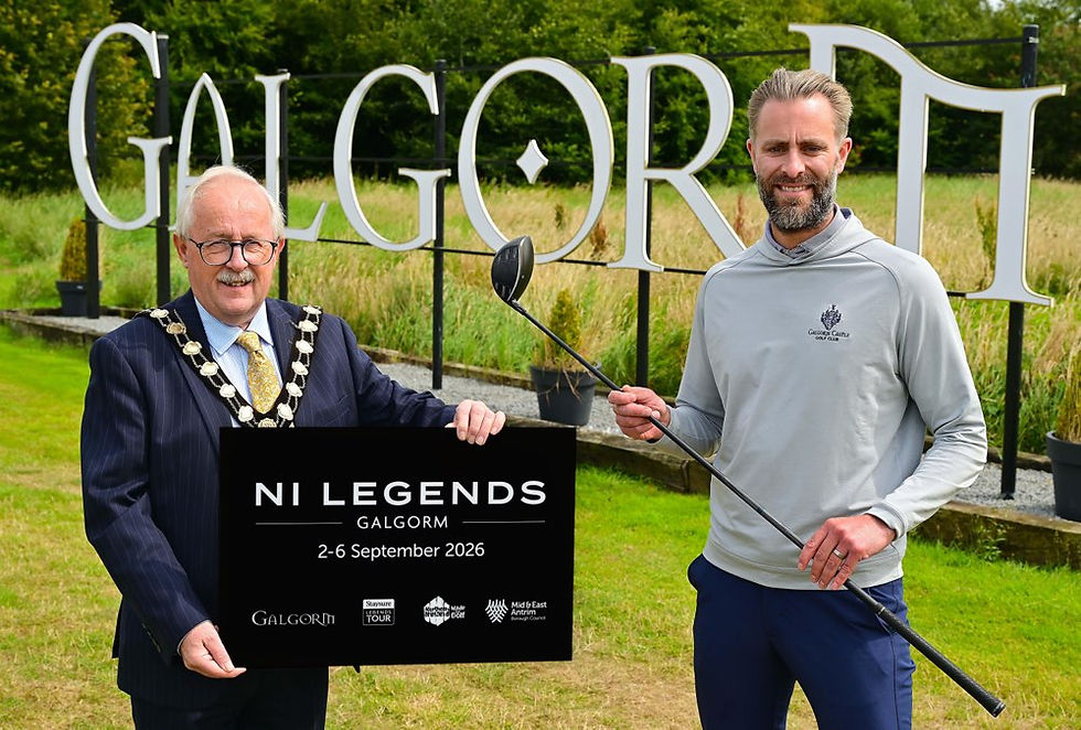 Mayor of Mid and East Antrim, Alderman Thomas Gordon, is pictured alongside Ross Oliver of Galgorm Castle Golf Club ahead of the NI Legends event coming to the borough from the 2 to 6 September 2026.