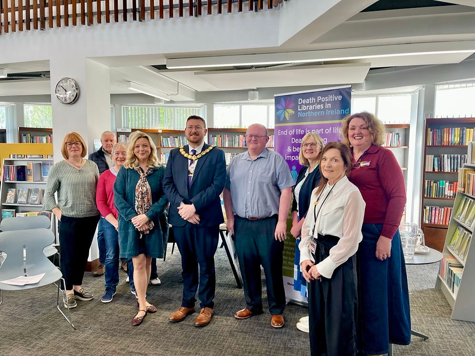 at the launch of the Death Positive Library in Coleraine, including Fiona Gilmour, Northern Trust Macmillan Service Improvement Lead, Sharon Williams, Project Manager, Compassionate Communities NI, the Deputy Mayor of Causeway Coast and Glens Borough Council, Alderman Richard Stewart-Brown, Seamus Coyle, the Northern Trust’s Lead Nurse Consultant Adult Learning Disability Team, Anne O’Hagan, Macmillan Community Palliative Care Service Improvement Facilitator, Diane Marshall, Branch Manager, Libraries NI and Deirdre Nugent, Services Manager, Libraries NI.