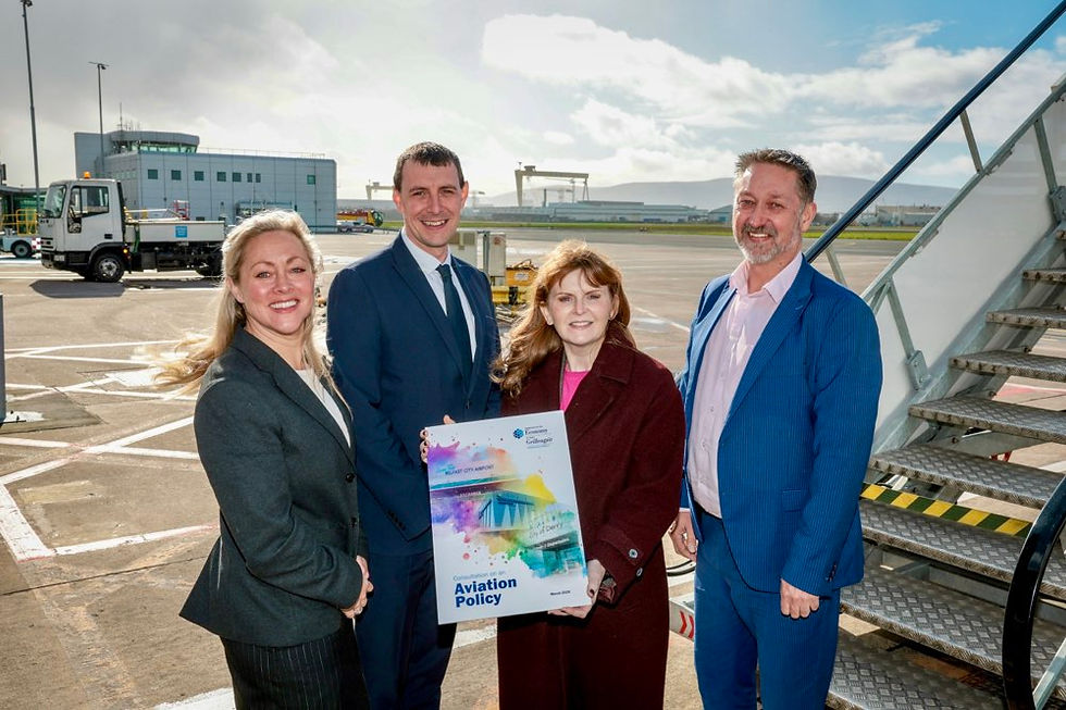Economy Minister Dr Caoimhe Archibald has today published the Northern Ireland’s first Aviation Policy for consultation. Pictured (L-R) are Katy Best, Chief Commercial Officer, Belfast City Airport, Dan Owens, CEO, Belfast International, Economy Minister Dr Caoimhe Archibald and Steve Frazer, Managing Director, City of Derry Airport.