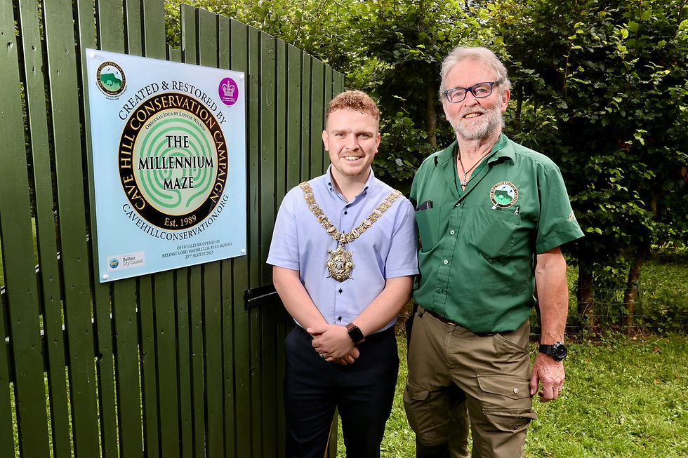 Chair of the Cave Hill Conservation Campaign Cormac Hamill pictured with Lord Mayor of Belfast Councillor Ryan Murphy at the recently refurbished Millennium Maze at Belfast Castle.
