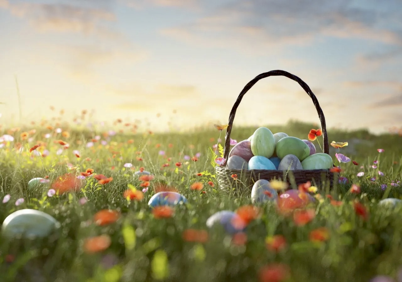 Easter eggs in a basket sitting in a field of grass and flowers.