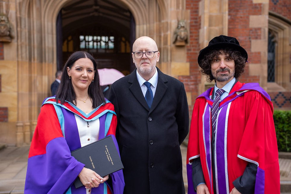 graduating today from Queen's with a PhD in Pharmacy is Dr Rachel Miliken from the North coast. Rachel is pictured with her dad (centre) and Professor Dimitrios Lamprou (right)