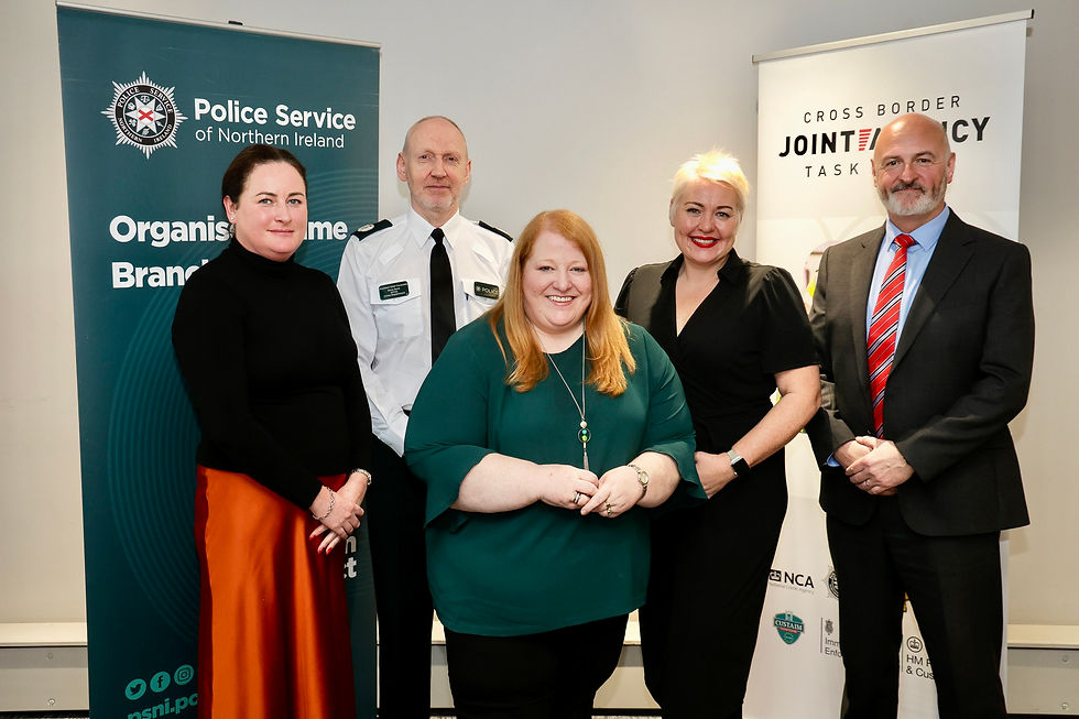 Justice Minister Naomi Long is pictured during a visit to PSNI Organised Crime Branch with left to right – Superintendent Avine Kelly, Assistant Chief Constable Davy Beck, Chief Superintendent Emma Neill and Superintendent Paul Woods.