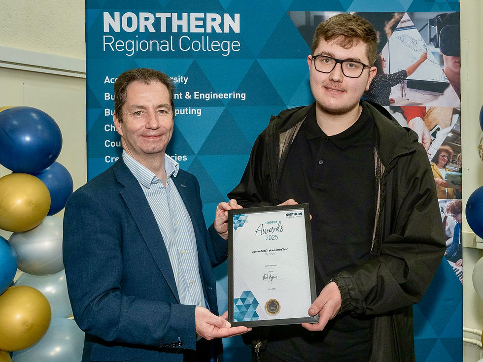 Aaron Patterson, winner of the Apprentice/Trainee of the Year - Level 3 Engineering - Welding award, pictured with Mel Higgins, Principal & Chief Executive of Northern Regional College.