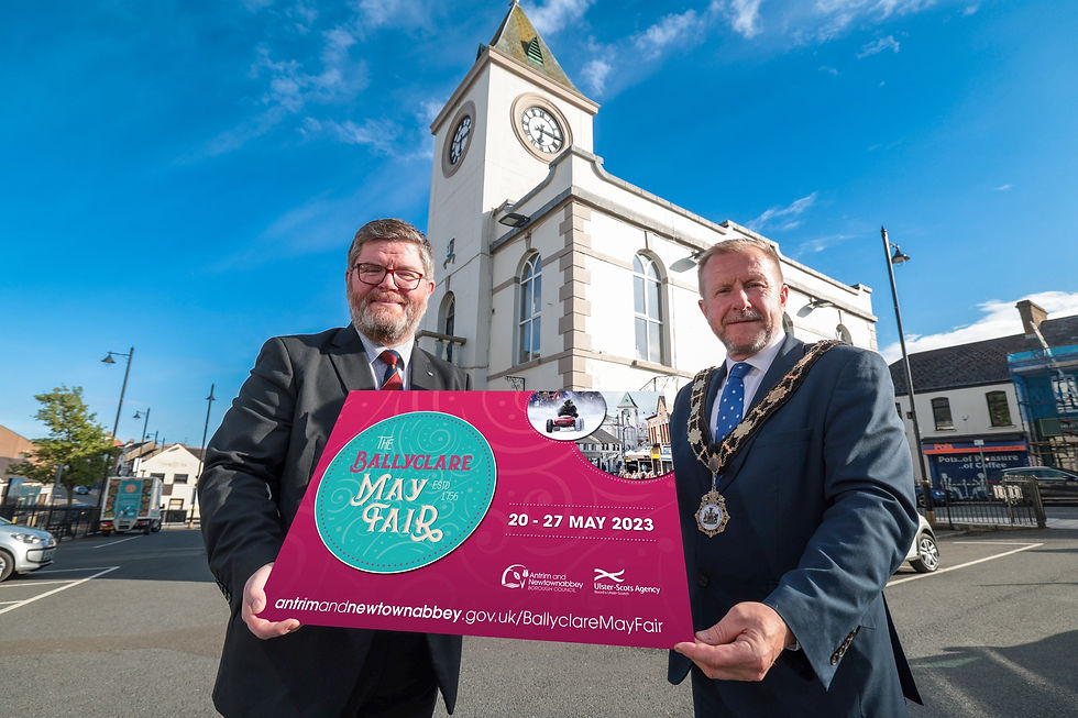 Mayor of Antrim and Newtownabbey, Alderman Stephen Ross pictured with Chief Executive from the Ulster-Scots Agency, Ian Crozier launching this year’s Ballyclare May Fair