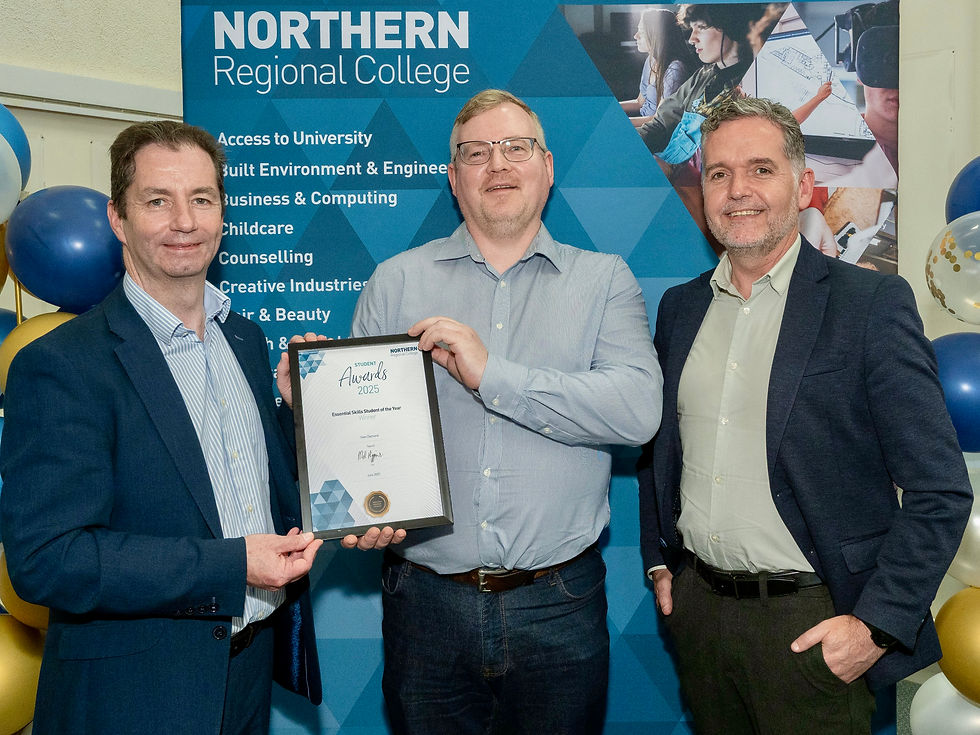 Sean Diamond, winner of the Essential Skills Student of the Year award, pictured with Frankie McEldowney, Curriculum Area Manager for Essential Skills at Northern Regional College and Mel Higgins, Principal & Chief Executive of Northern Regional College.