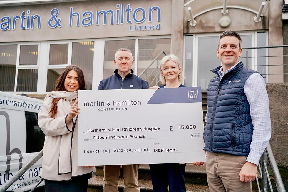 Jessica Steele of NI Hospice receiving the cheque from Dominic McTague Commercial Director, Leanne Boyd Finance Director and David A Hamilton Managing Director on behalf of Martin & Hamilton