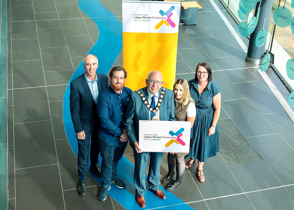 Mayor of Mid and East Antrim, Councillor Jackson Minford, is pictured with Noel Mullholland, Michelin Development Ltd, Paddy Crothers and Serena Gallagher, NOW Group, and Rhonda Lynn, Skills and Entrepreneurship Manager, MEABC.