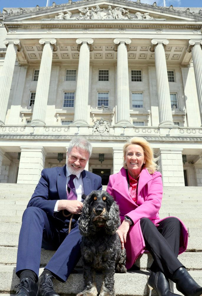 Paul Frew MLA with Tara Cunningham, manager Causeway Coast Dog Rescue, with Archie the dog taking centre stage, as they lead the pathway for Rubys Law in Northern Ireland.