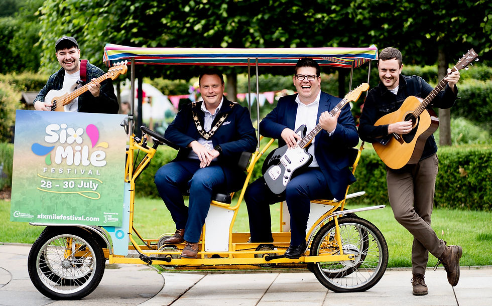 Mayor of Antrim and Newtownabbey, Councillor Mark Cooper is joined by Chris Flynn, The Junction Leisure and Retail Park to launch the Six Mile Festival.