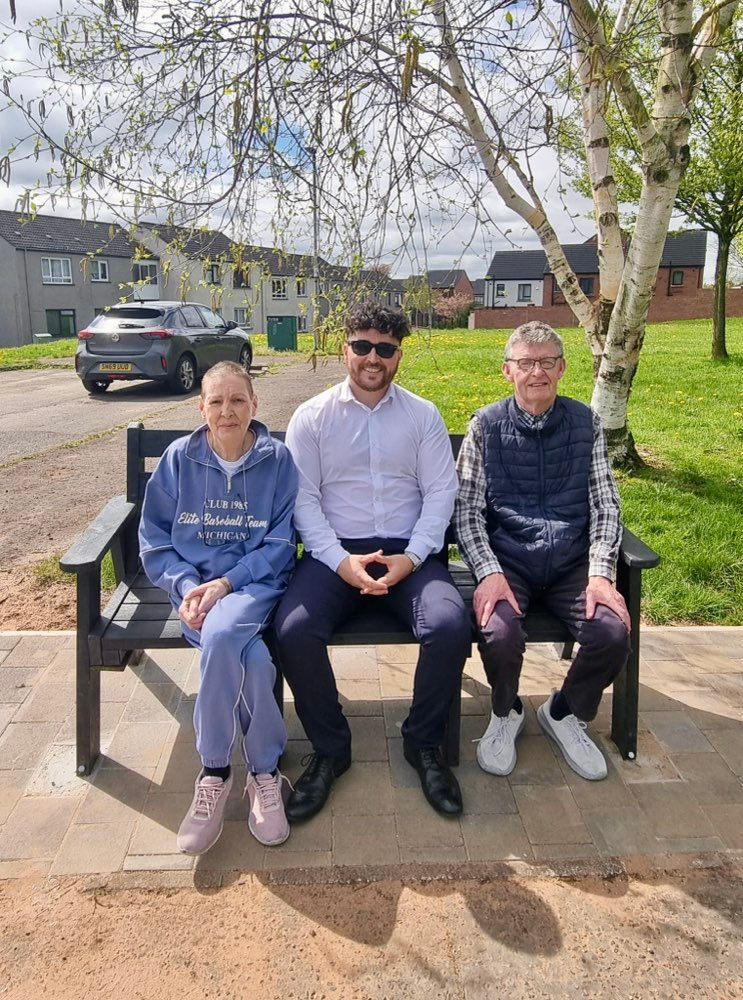 Ballymena Sinn Féin councillor Bréanainn Lyness with local residents Donna McElroy and Matthew Kelly