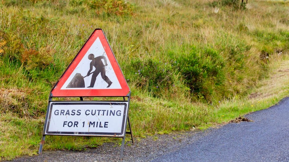 Grass cutting on road sign