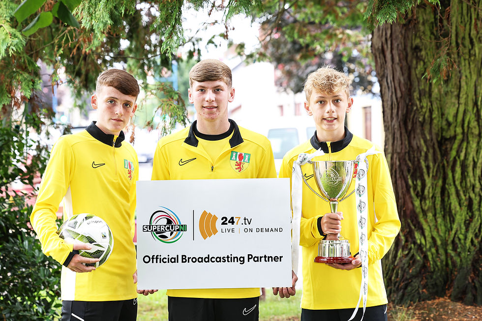County Antrim Junior Squad members Noah Henderson, Noah Stewart and Jack Leighton help launch a landmark first for the Budget Energy SuperCupNI 2025, with every match set to be streamed live in full by official broadcast partner 247.tv via www.supercupni.tv.