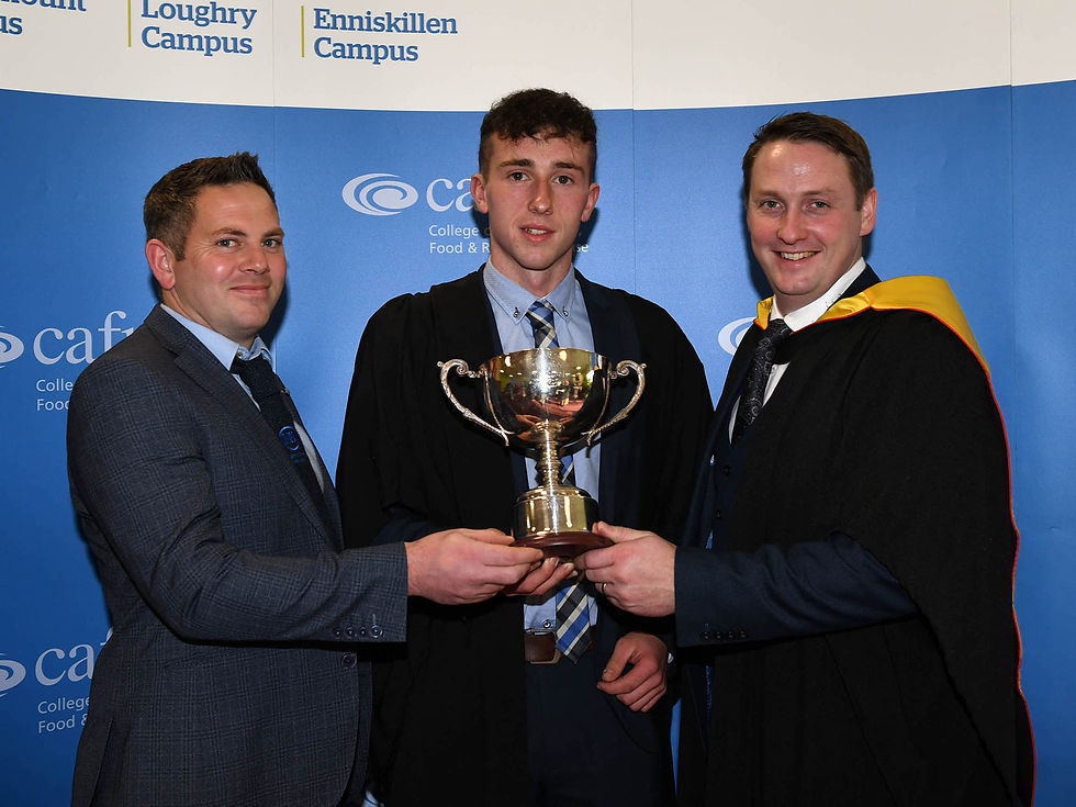 Ian Kennedy (Collone) was presented with the National Sheep Association Cup for performance in sheep production on the Level 3 Advanced Technical Extended Diploma in Agriculture by Alistair Armstrong (Regional Chair, NSA) and Mark Poots (Agriculture Lecturer, CAFRE)