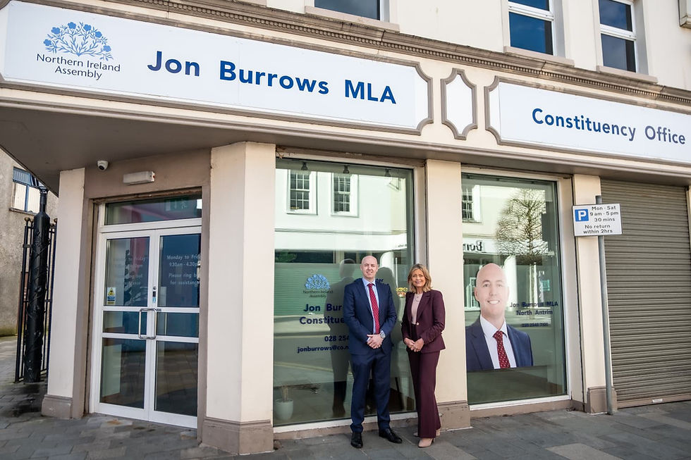 Ulster Unionist Party Leader and North Antrim MLA Jon Burrows with Deputy Party Leader and Economy Spokesperson Diana Armstrong outside Mr Burrows’ constituency office in Ballymena