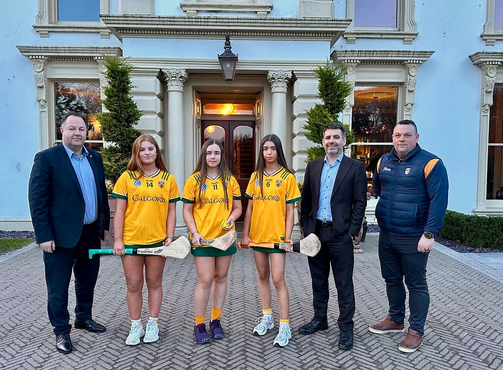 Members of Antrim Camogie Minor squad are pictured alongside Sean Kelly, far left, Antrim Camogie Public Relations Officer, Tiarnán O’Neill, Chief Financial Officer at Galgorm Collection and JP McLarnon, Antrim Camogie Minor team Manager.