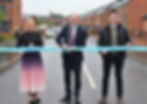 Anita Conway, Director of Development at Radius Housing Association with Communities Minister Gordon Lyons and Dermot McBride from MJ McBride Construction at the opening of the new St Patrick's housing development in Ballymena.