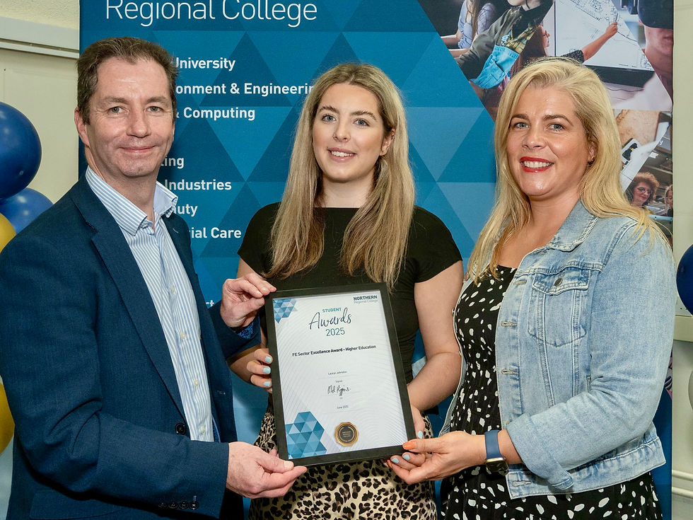 Lauryn Johnston, recipient of the FE Sector Excellence Award - Higher Education, pictured with her mother Donna Johnston and Mel Higgins, Principal & Chief Executive of Northern Regional College.