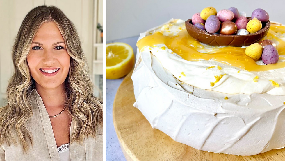 Easter Lemon Pavlova, with image of Jill Stewart, from Jill Bakes.