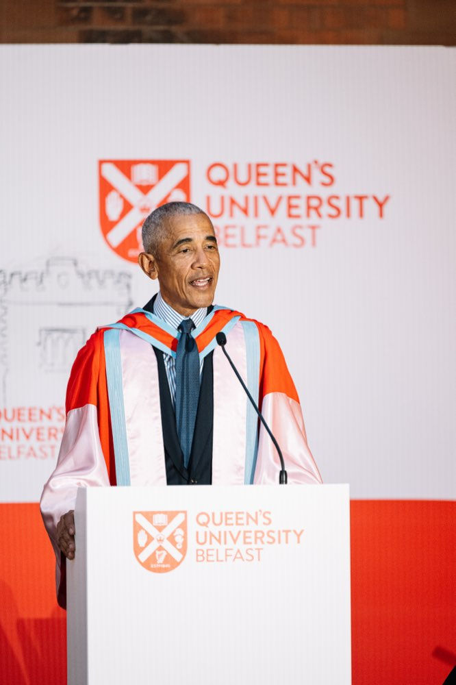 Former U.S. President Barack Obama and President speaking at the ceremony at Queen’s University Belfast
