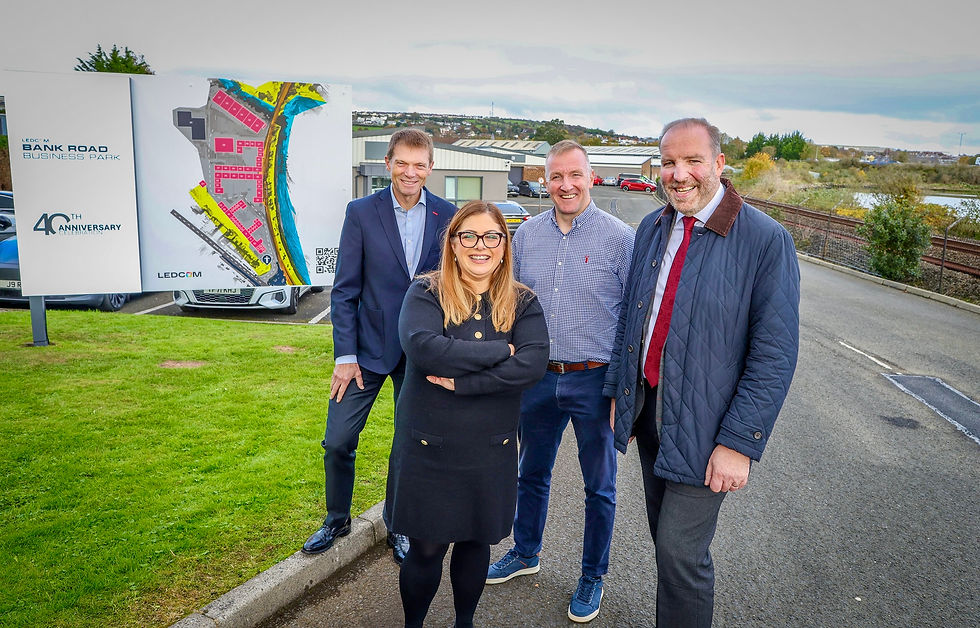 Following a £1m investment, Bank Road Business Park in Larne has undergone a refurbishment. Pictured at the site are, back row, from left, Simon McDowell, Kilwaughter Foundation and Phelim Sharvin, Head of Community Finance Ireland. Pictured in the foreground are, from left, Aoife Butler, Senior Business Manager at Danske Bank and Ken Nelson MBE, LEDCOM Chief Executive.