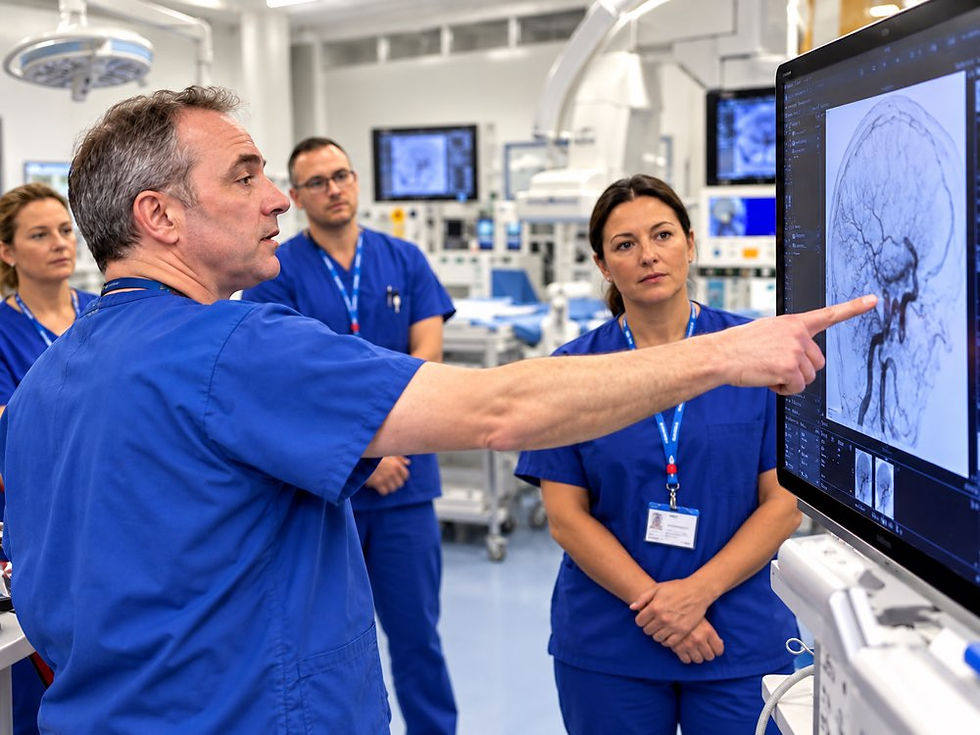 Doctors reviewing on screen angiogram