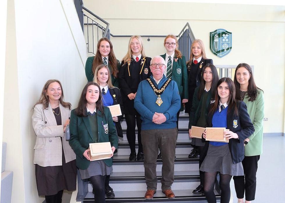 The Mayor, Councillor Oliver McMullan, pictured with pupils and teachers from Cross and Passion College, Ballycastle High School, St Mary’s High School, Limavady, and Limavady High School, during the ‘Mayor for a Day’ initiative at the Limavady Shared Education Campus marking International Women’s Day.