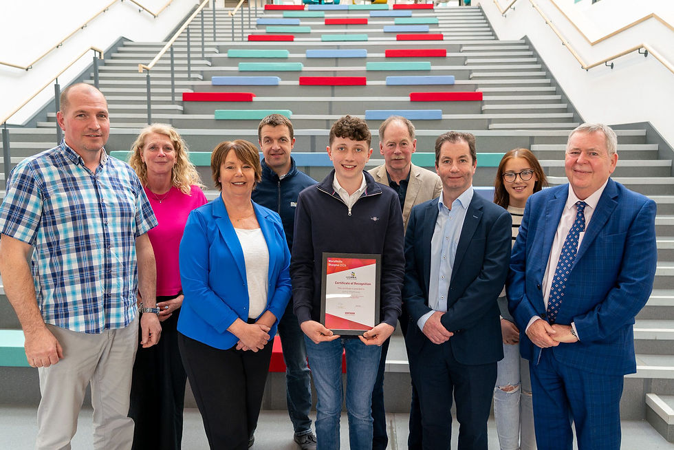Jamie Matthews is pictured with his guests, Adrian Smith, Lecturer at Northern Regional College, Christine Brown, Curriculum Director at Northern Regional College, Mel Higgins, Principal and Chief Executive of Northern Regional College, Colm McKenna, Chair of Northern Regional College’s Governing Body, Jonny O’Boyle from Mivan, and Charlie McAuley from Mivan.
