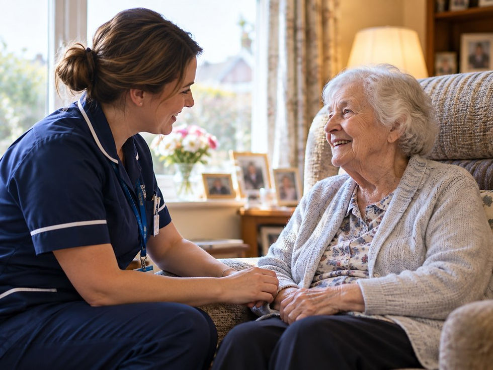 Nurse attending to elderly woman in her home