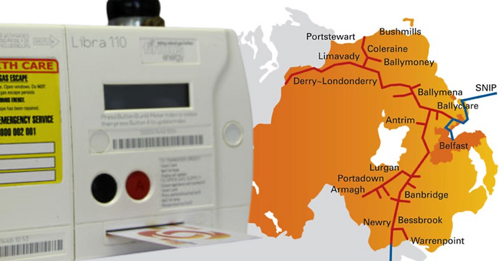 Ten towns network on map of Northern Ireland and image of a gas meter.